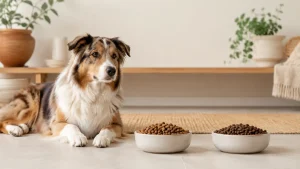 Chien couché devant deux gamelles de croquettes différentes pour une transition alimentaire