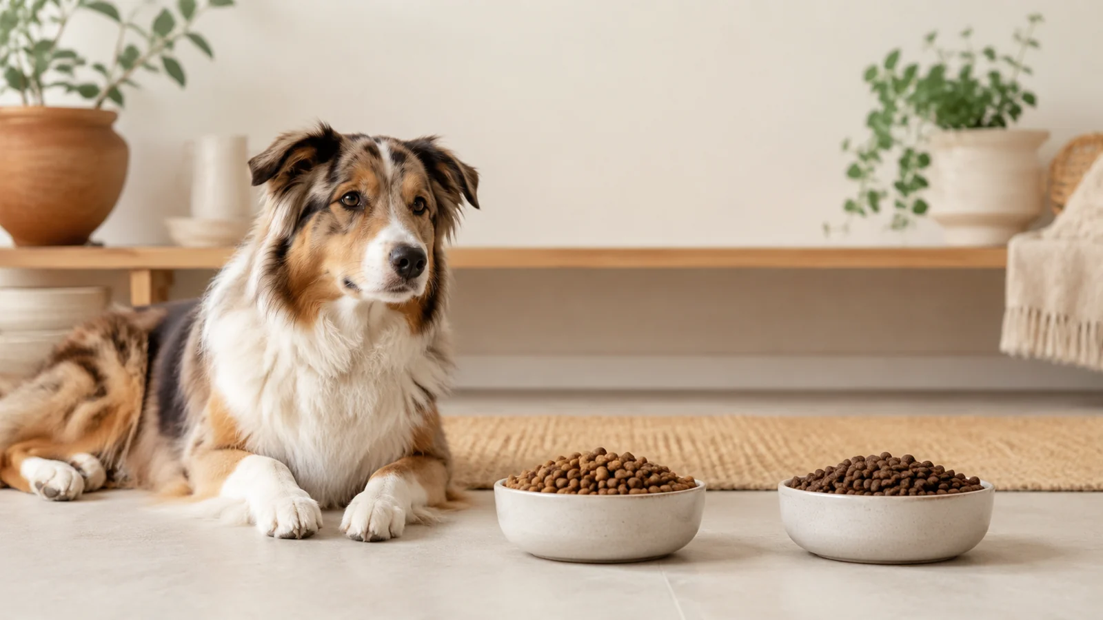 Chien couché devant deux gamelles de croquettes différentes pour une transition alimentaire