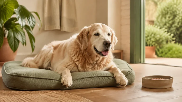 Chien senior confortablement installé sur un coussin près de sa gamelle