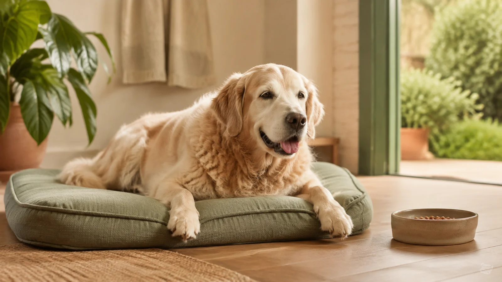 Chien senior confortablement installé sur un coussin près de sa gamelle