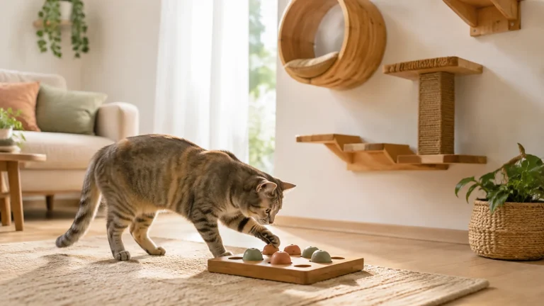 Chat d’intérieur jouant avec un puzzle alimentaire dans un salon lumineux