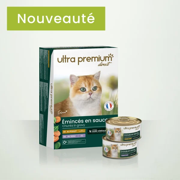 Boîtes d'émincés en sauce pour chat sans céréales – Au Poulet et au Veau - 12x85gr