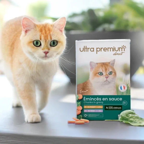 Boîtes d'émincés en sauce pour chat sans céréales – Au Poulet et au Veau - 12x85gr