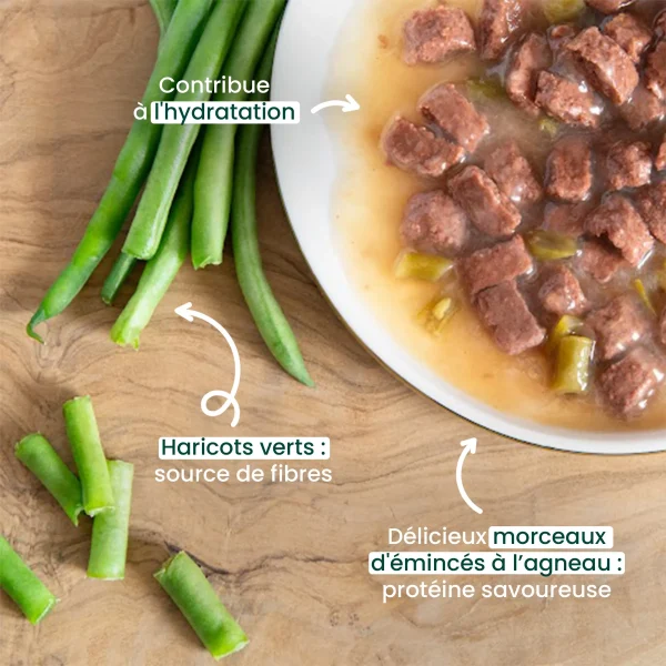 Tendres émincés en sauce pour chien sans céréales – Agneau & haricots verts - 85gr